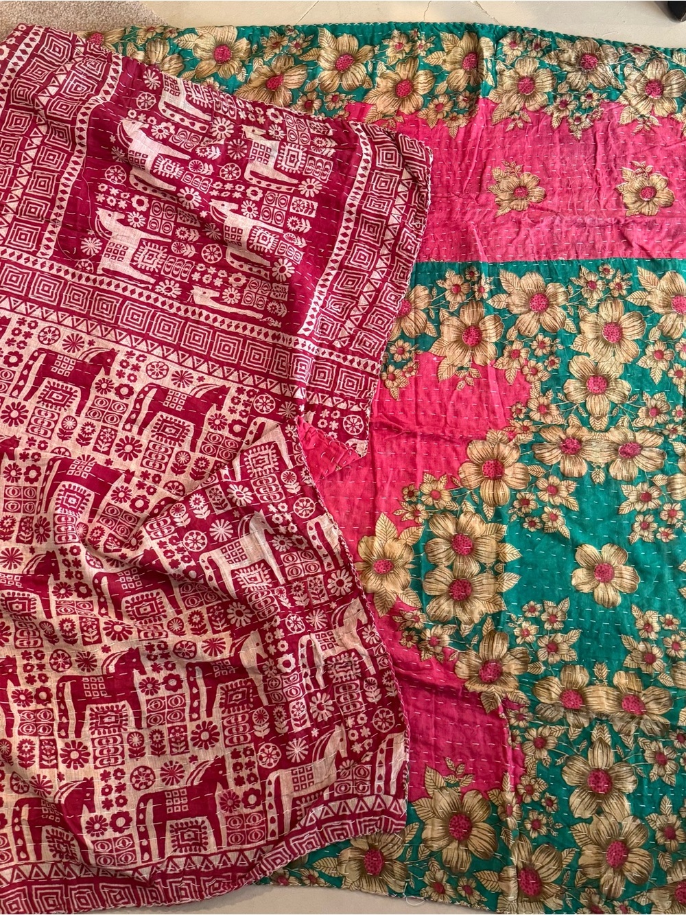 Kantha Throw Blanket Reversible Pink & Teal Floral /Red & Cream Vintage